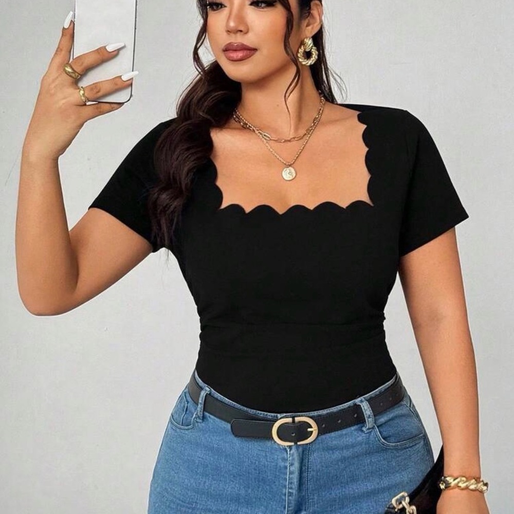 Chic Black Scalloped Neckline Top